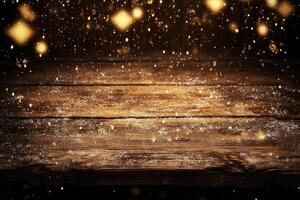 Rustic wooden table, snowfall photo