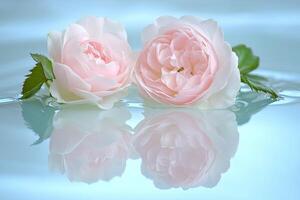 Delicate pink roses on water, mirrored reflection photo