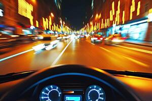 Night city driving. Fast, busy street, urban scene photo