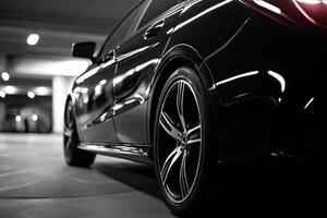 Sleek black car in underground parking garage photo