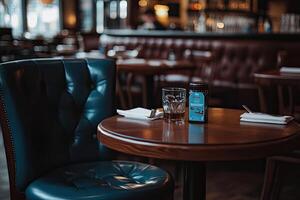Empty restaurant table in a dimly lit interior photo