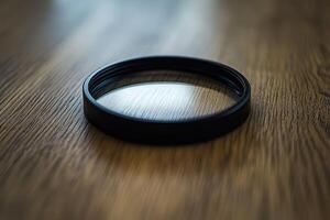 Circular camera lens filter on wooden surface photo