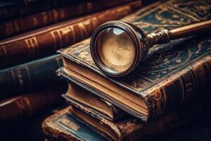 Antique books and magnifying glass photo