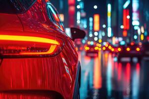 Red car rear view in city at night photo