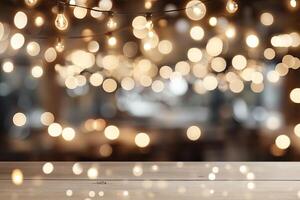 Festive bokeh lights, wooden surface photo