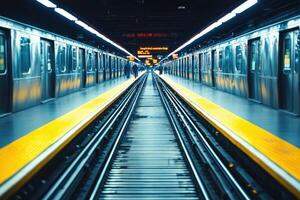 A subway train is seen in a subway station photo