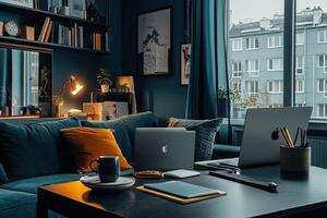 Cozy home office with warm lighting and a view photo