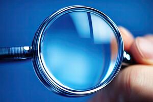 Close-up of a magnifying glass held in hand photo