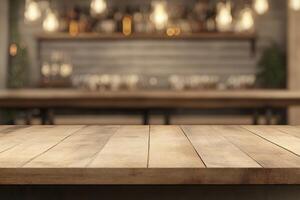 Wooden bar top, blurred restaurant background photo