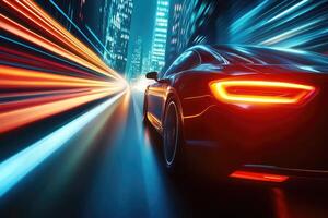 Fast car through a vibrant city at night photo