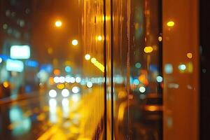 Blurred city night view from a bus window photo