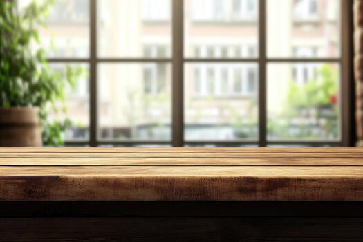 Empty wooden table in front of a window photo