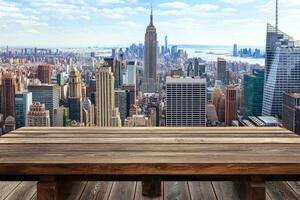 Empty wooden table overlooking New York City skyline photo