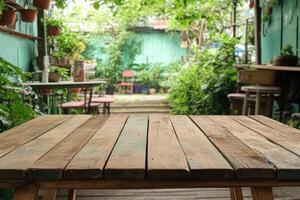 Rustic wooden table in a lush garden setting photo