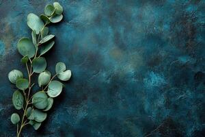 Fresh eucalyptus sprig on dark teal background photo