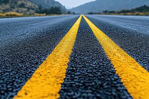 Two yellow lines on a wet asphalt road photo