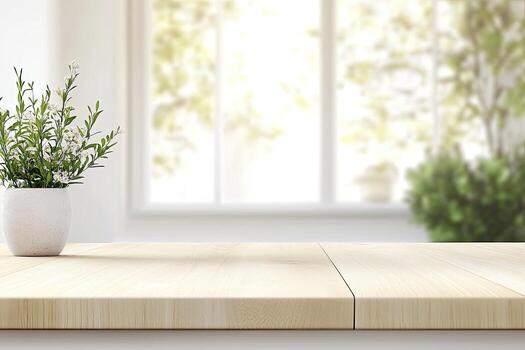 Empty light wooden table, white pot with small white flowers, blurred view of a sunny window with greenery photo