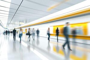 Bustling modern corridor with people rushing photo