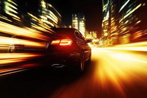 Fast car at night in a city photo