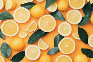 Citrus slices and leaves on a vibrant background photo