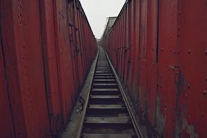 A narrow passageway between red train cars photo
