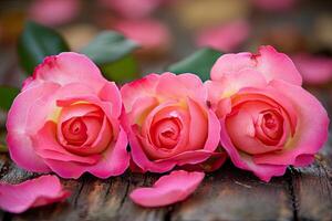 Three delicate pink roses on a wooden surface photo