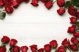Red roses frame a white background photo