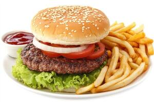 Classic burger with fries and sauce photo