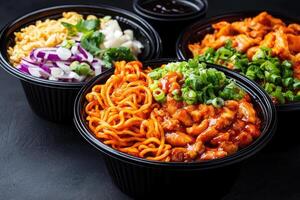 Asian cuisine takeout containers. Assorted dishes, including noodles, chicken, and vegetables photo