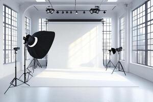 Modern photography studio with white backdrop and lighting equipment photo