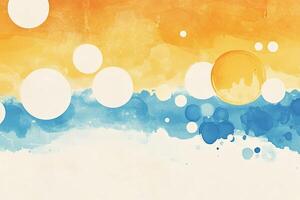 Abstract watercolor blend of oranges, blues, and whites with circular shapes photo