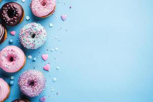 Colorful glazed donuts arranged on a light blue surface photo