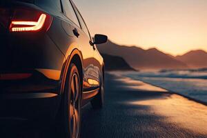 Dark SUV on a beach at sunset photo