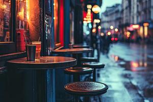 Rainy night cafe scene photo