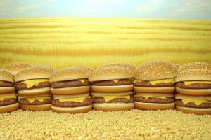 Stacked cheeseburgers in a golden field photo