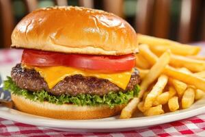 A hamburger with cheese and tomato on it photo