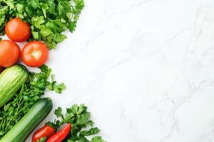 Fresh vegetables arranged on a marble surface photo