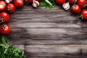 Fresh tomatoes, garlic, and herbs on rustic wooden planks photo