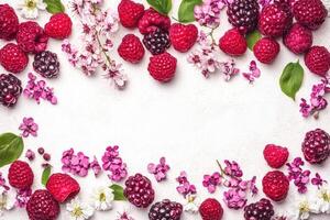 Fresh berries and flowers frame photo