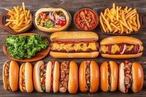 Assorted hot dogs, burgers, and fries photo