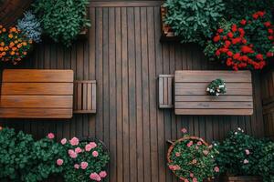 Outdoor patio with wooden furniture and planters photo