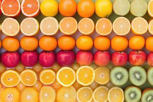 Colorful fruit slices arranged in rows photo