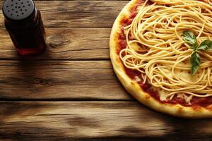 Pasta-topped pizza on a rustic wooden table photo
