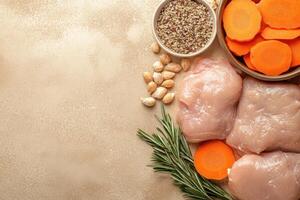 Fresh chicken breast, carrots, and grains photo
