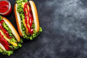 Two gourmet hot dogs with toppings photo