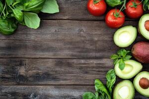 Fresh produce arrangement on rustic wood photo
