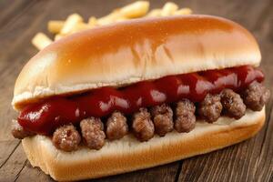 Savory meat filling in a toasted bun with ketchup photo