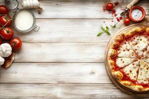 Freshly baked pizza on a rustic wooden table photo
