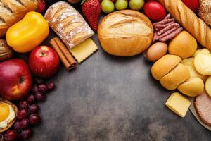 Assorted baked goods and fruits photo