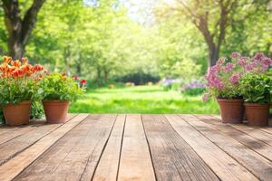 Wooden deck with colorful flowers in garden setting photo